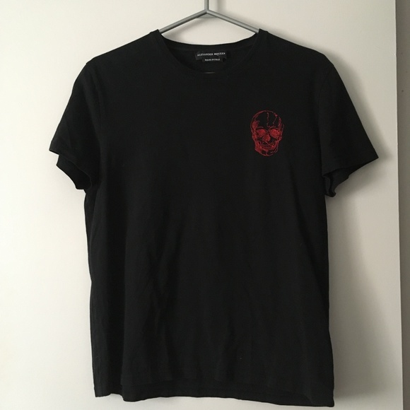 Genuine ALEXANDER MCQUEEN Black Cotton Embroidered Red Skull Logo Crew T… - Picture 1 of 3